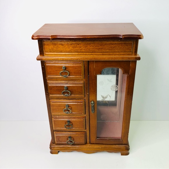 Vintage Wooden Treasure Chest Jewelry Storage Box Trinket Drawers Mirror Closet - Picture 2 of 11